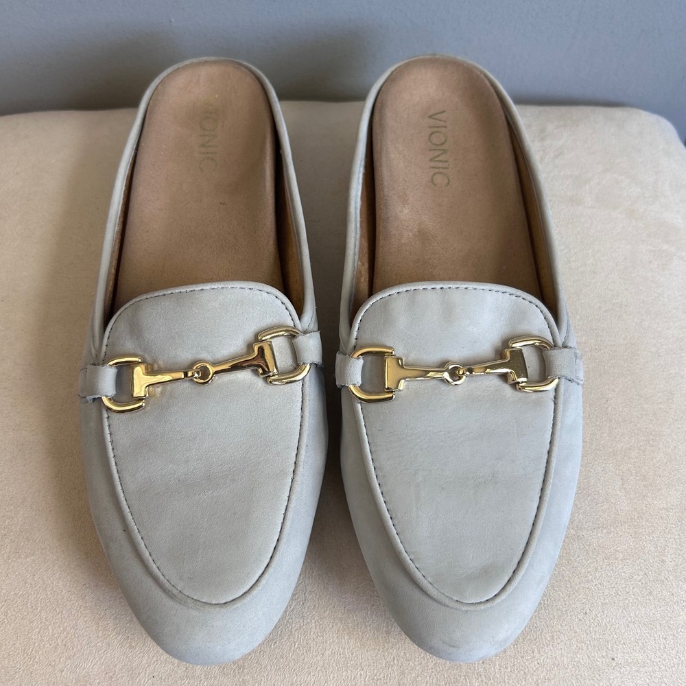 Vionic Adeline Leather Mule Loafers Grey Gold Horsebit TVW5956 Women's 9